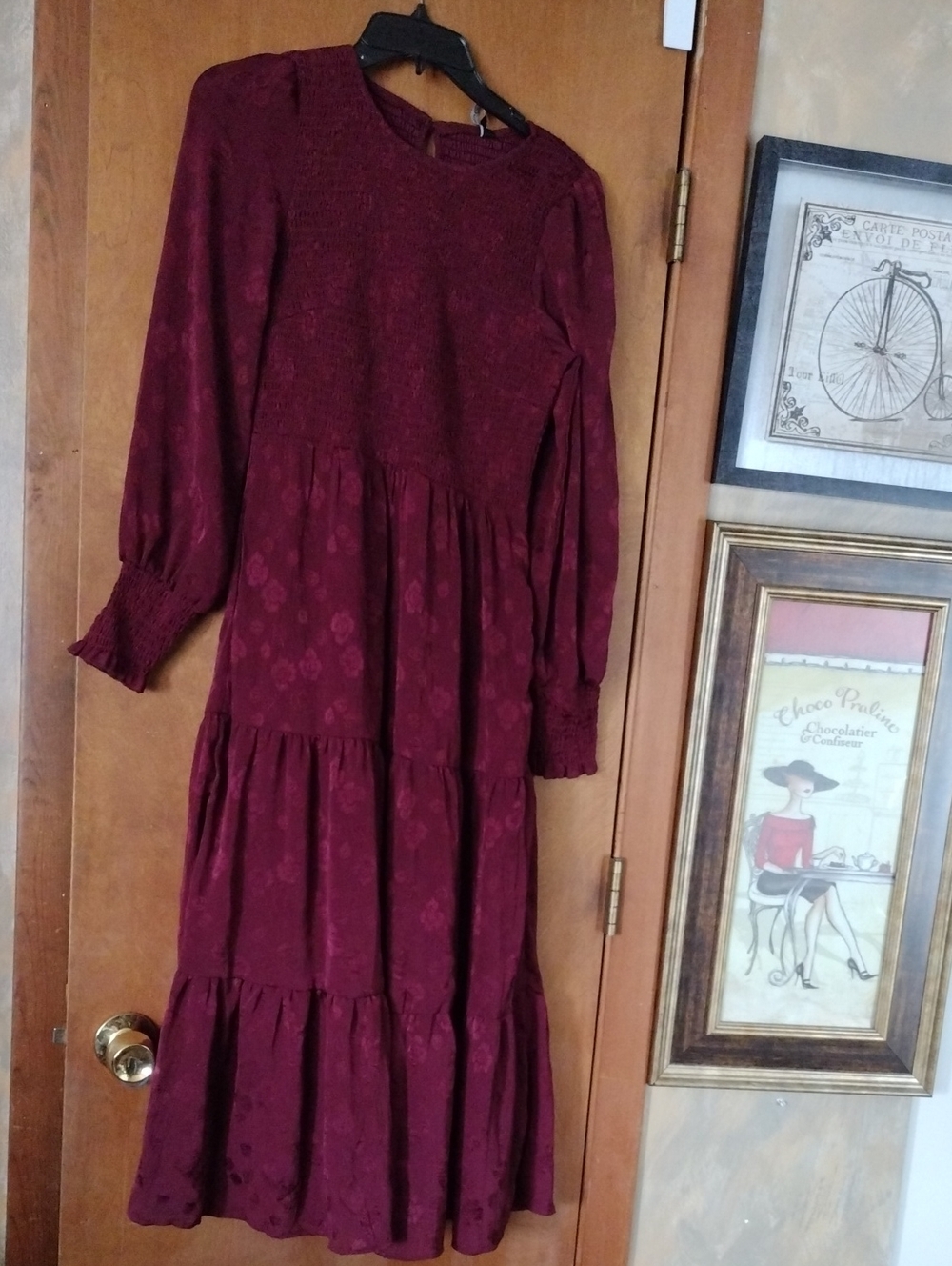 Long-Sleeve Burgundy Tiered Maxi Dress with Smocked Bodice